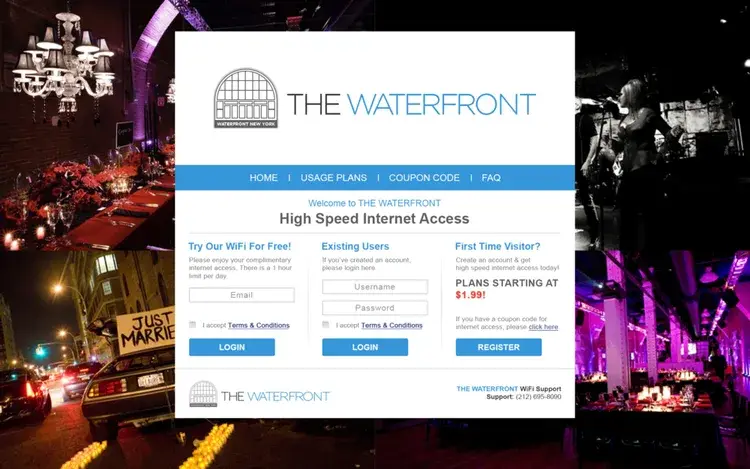 Branded WiFi captive portal login page for a venue
