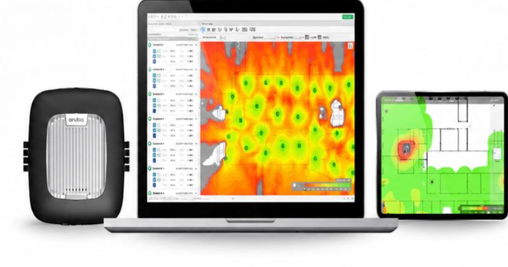 Enterprise WiFi design tools: wireless access point, laptop with coverage heat map, and tablet showing signal survey