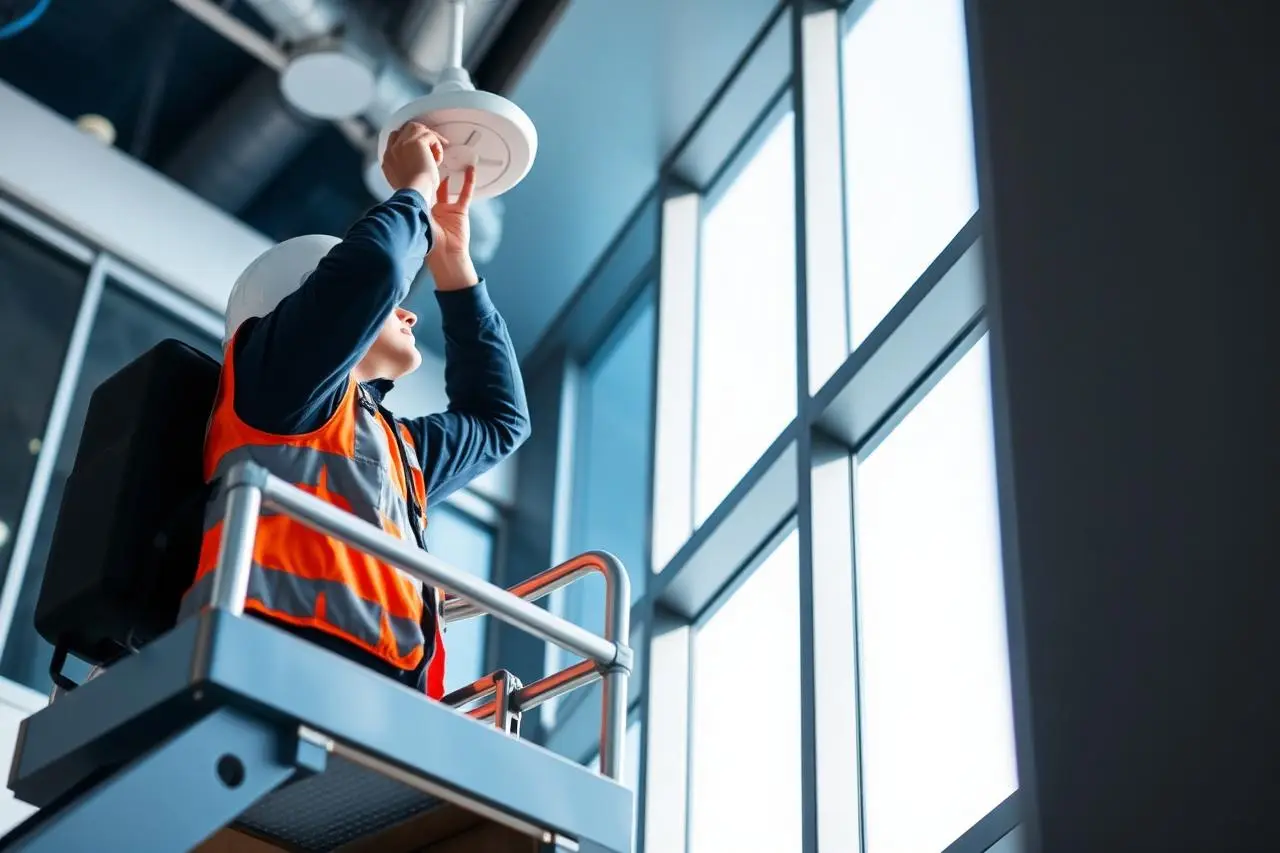Cambium Solutions field technician installing a ceiling access point from a lift