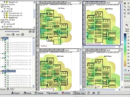 Ekahau multi-floor wireless site survey showing predictive signal heat maps for four building floors