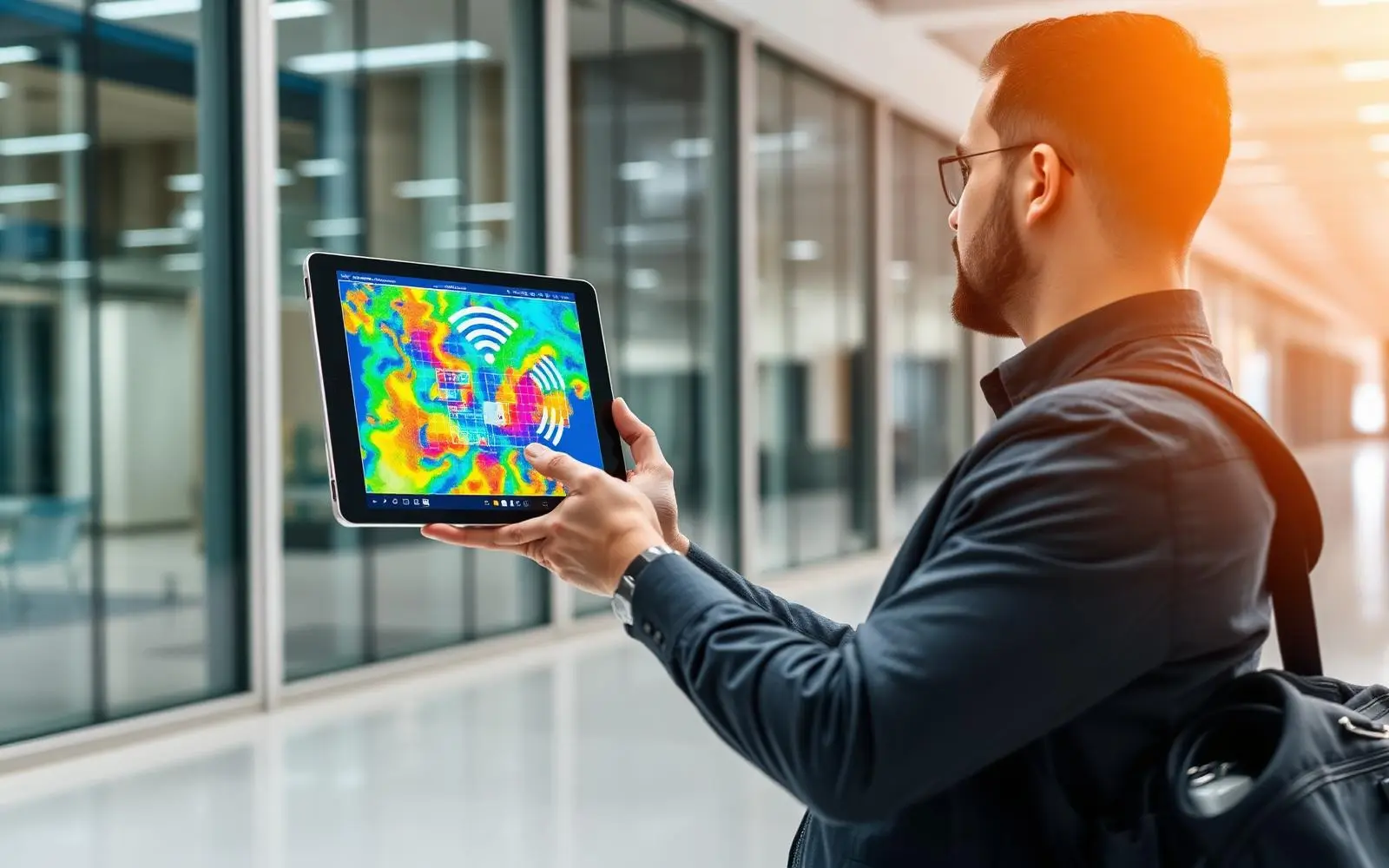 Network engineer conducting a wireless site survey with a heatmap tablet on-site