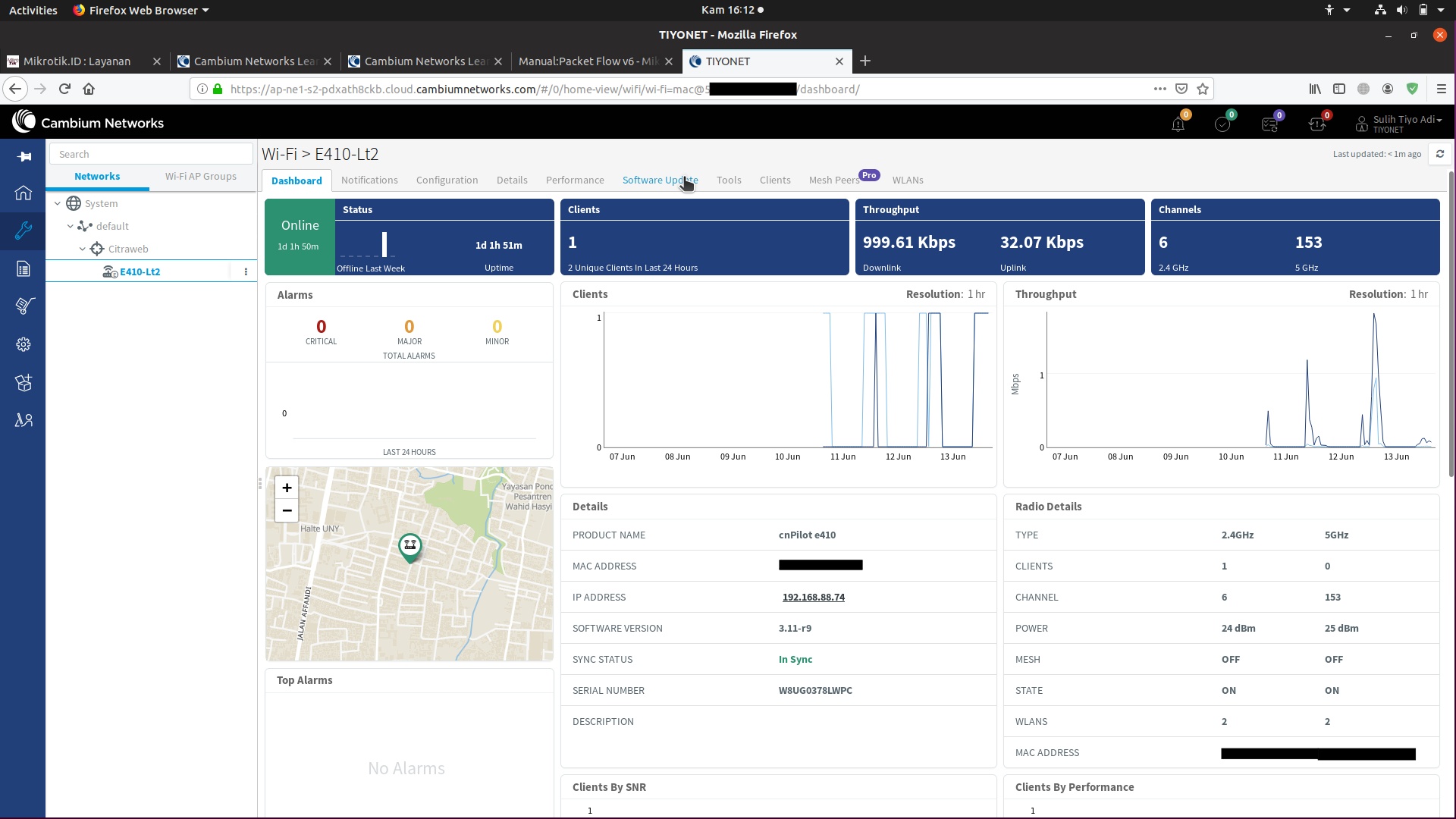 cnMaestro network management dashboard showing access point status, clients, and throughput
