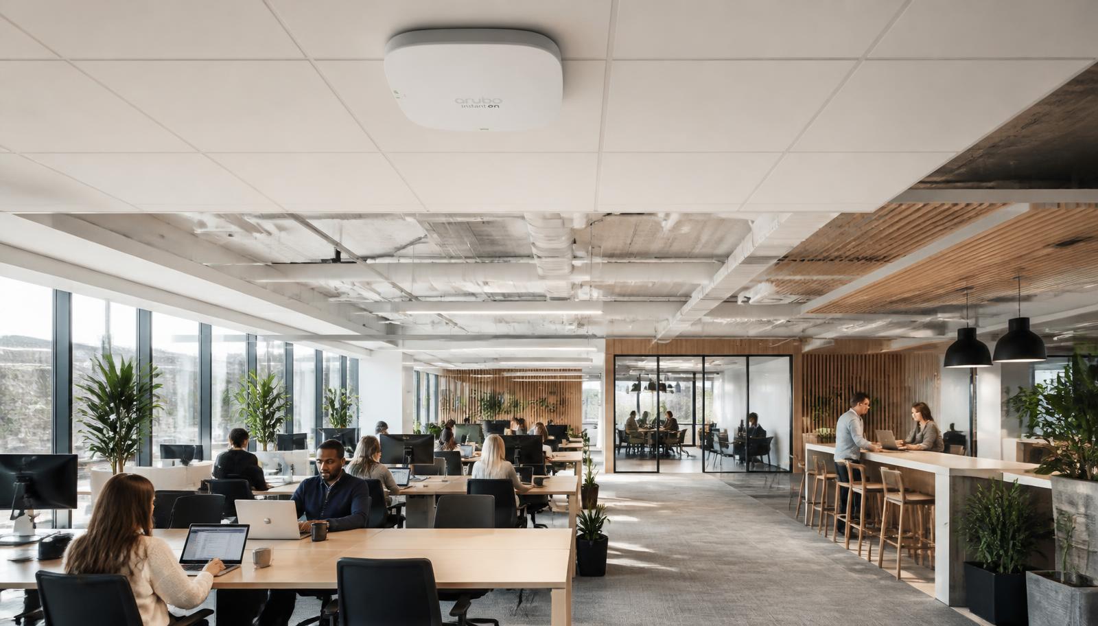 Modern open-plan office with a ceiling-mounted enterprise wireless access point